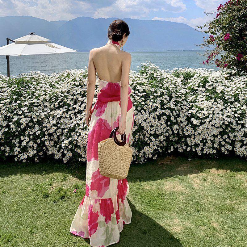 Rose Red Boho Halter Backless Maxi Dress – Colorful Print Swing Style for Seaside Vacations