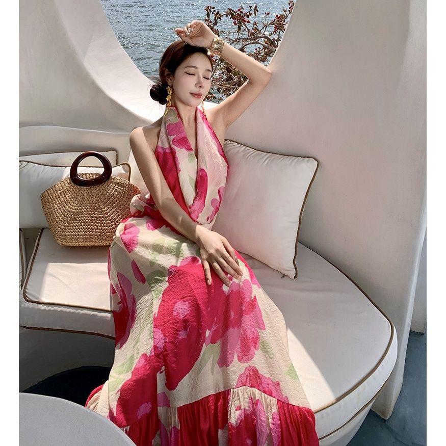 Rose Red Boho Halter Backless Maxi Dress – Colorful Print Swing Style for Seaside Vacations