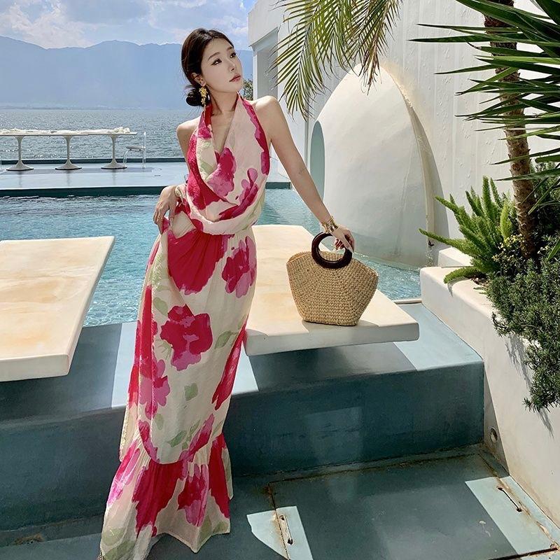 Rose Red Boho Halter Backless Maxi Dress – Colorful Print Swing Style for Seaside Vacations