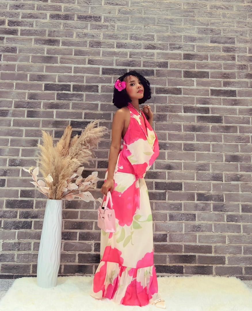 Rose Red Boho Halter Backless Maxi Dress – Colorful Print Swing Style for Seaside Vacations
