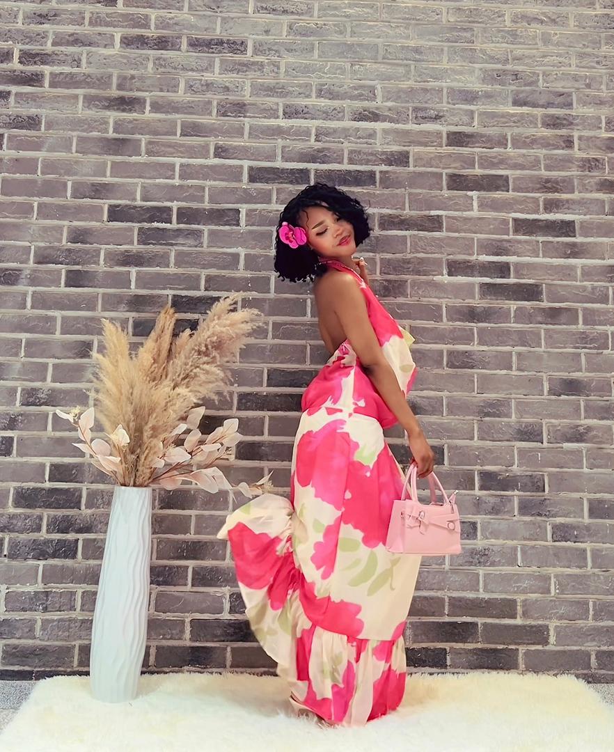 Rose Red Boho Halter Backless Maxi Dress – Colorful Print Swing Style for Seaside Vacations