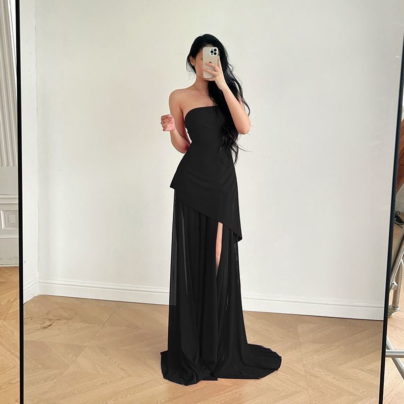 Strapless mesh-paneled dress