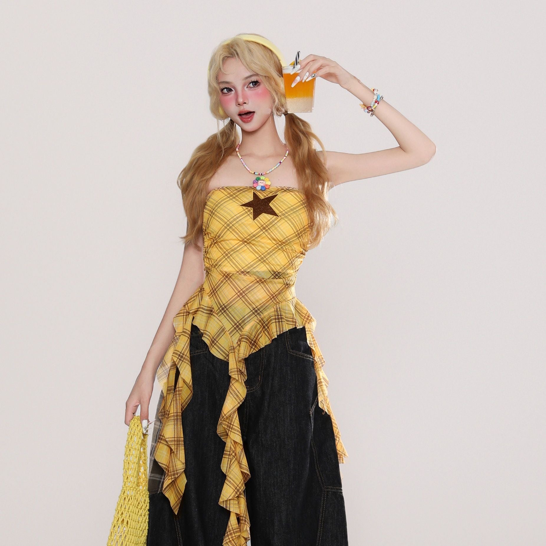 Plaid irregular strapless vest