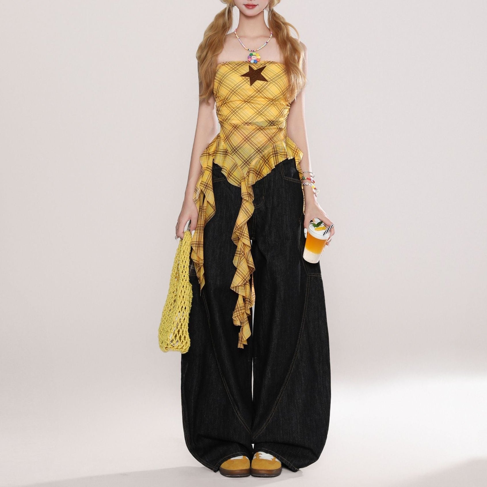 Plaid irregular strapless vest