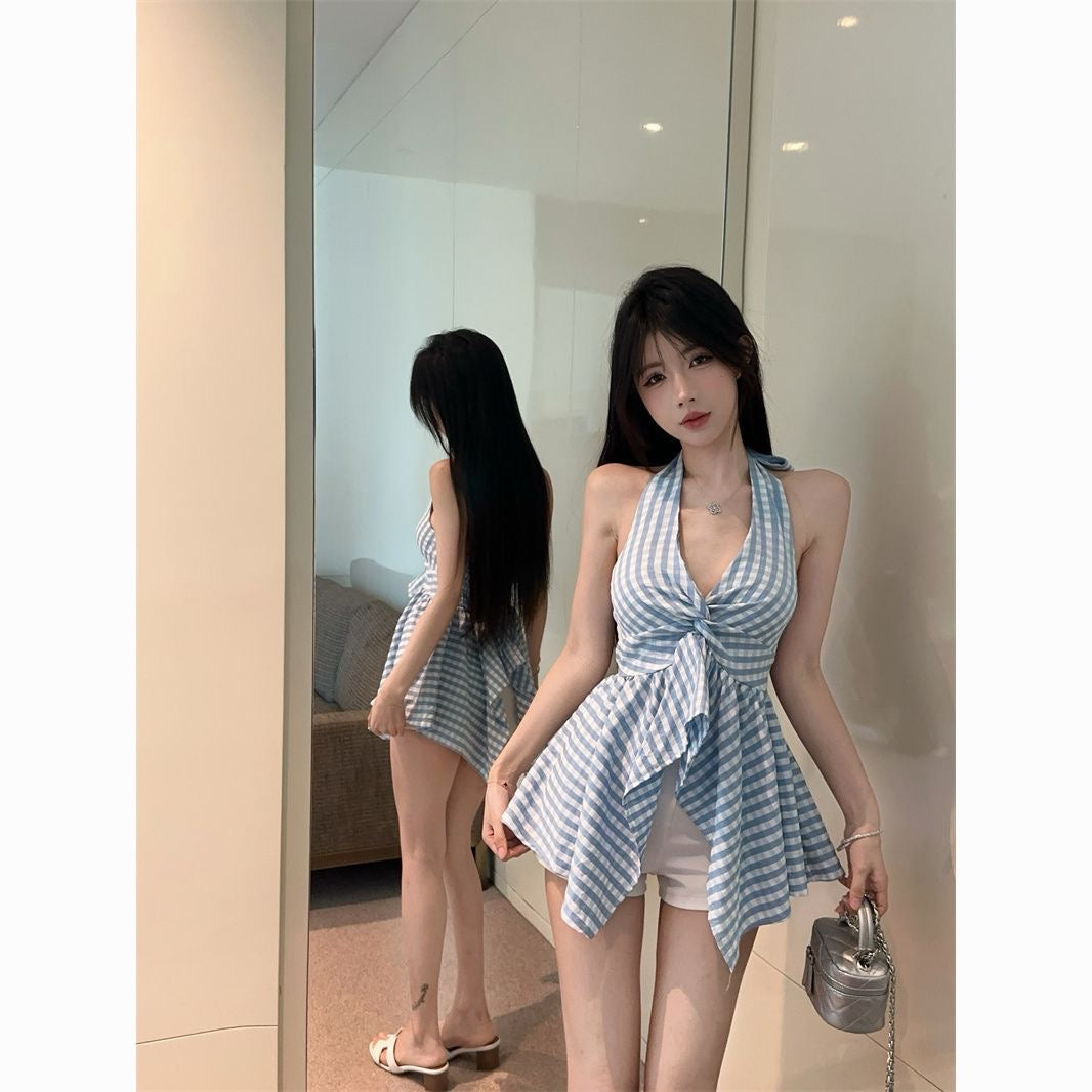 Plaid tie-back backless top