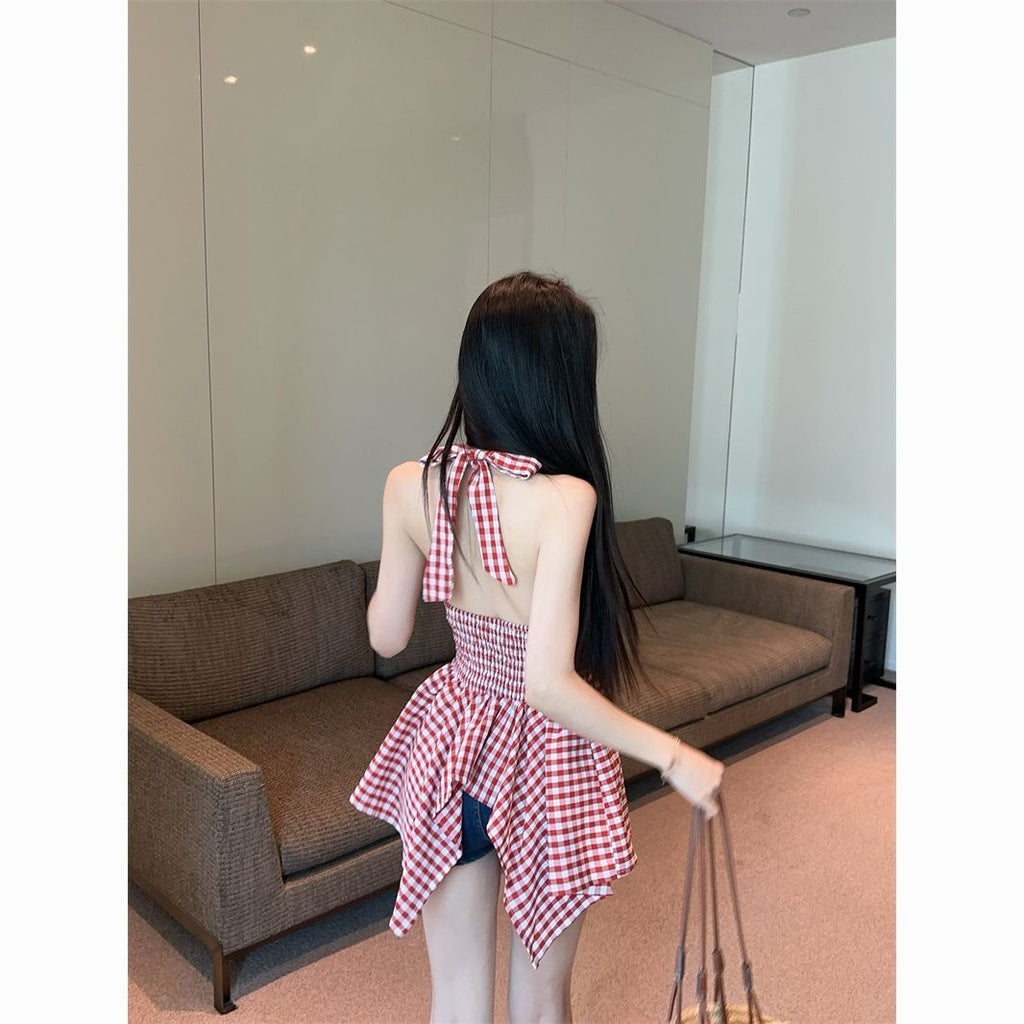 Plaid tie-back backless top