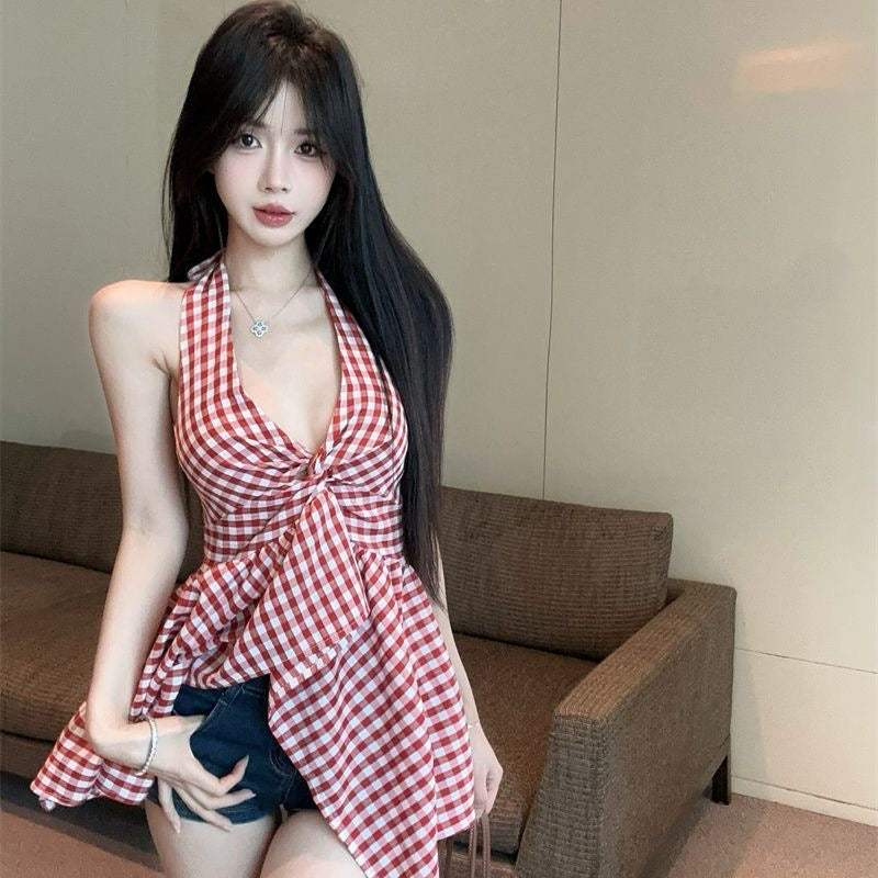 Plaid tie-back backless top