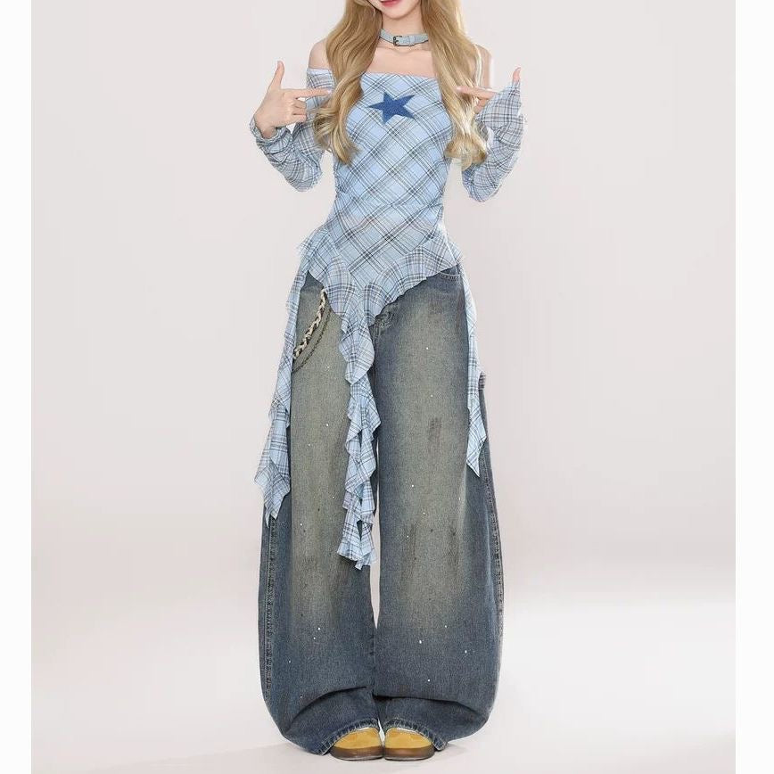 Retro plaid ribbon top