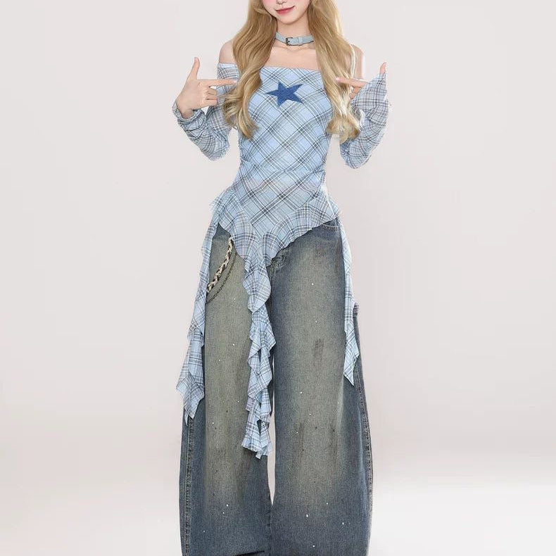 Retro plaid ribbon top