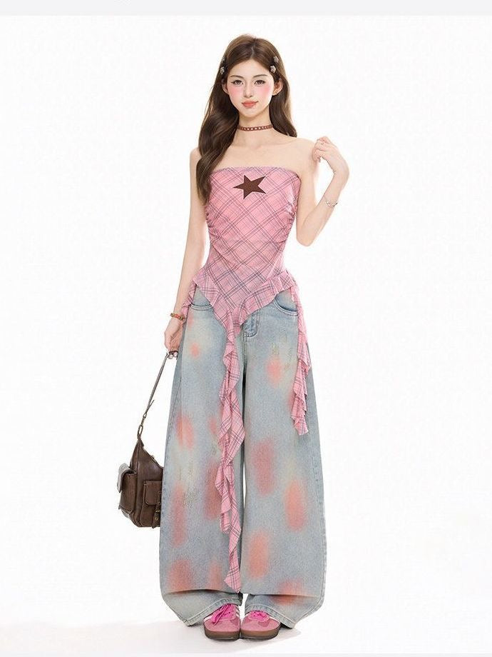 Plaid irregular strapless vest