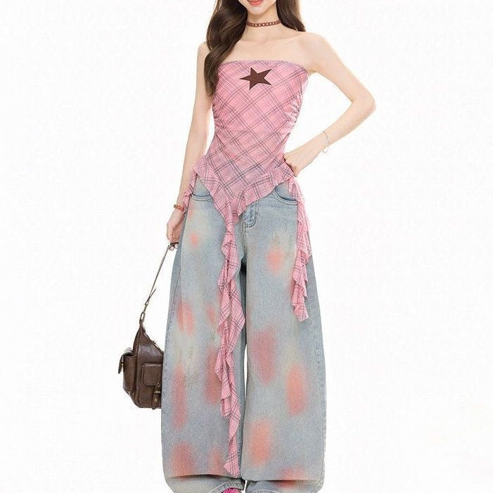 Plaid irregular strapless vest