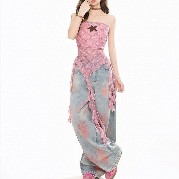 Plaid irregular strapless vest