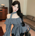 Off-shoulder plaid top