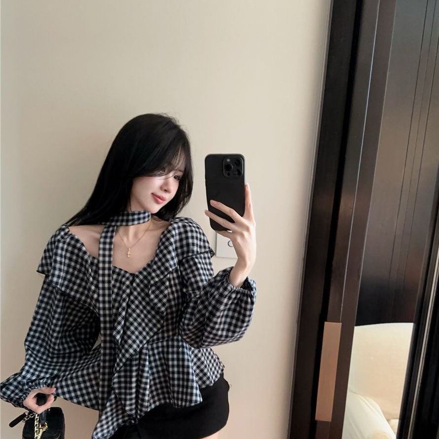 Off-shoulder plaid top