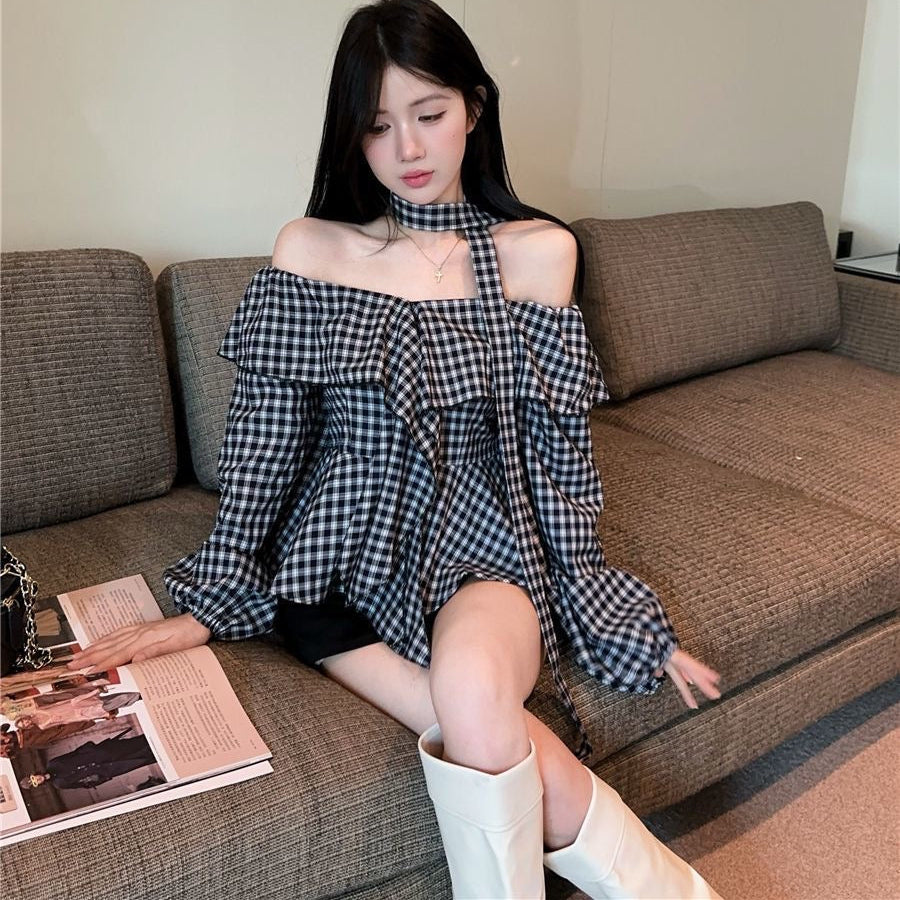 Off-shoulder plaid top