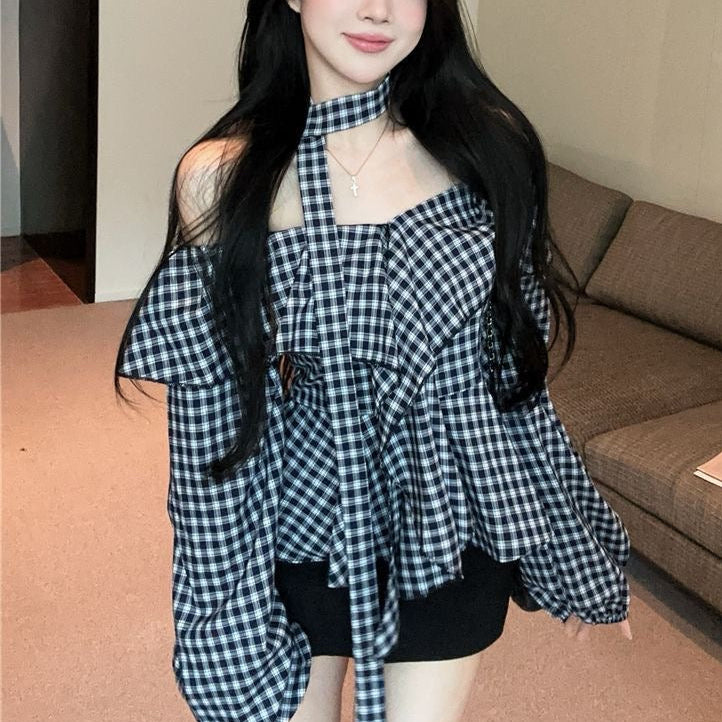 Off-shoulder plaid top