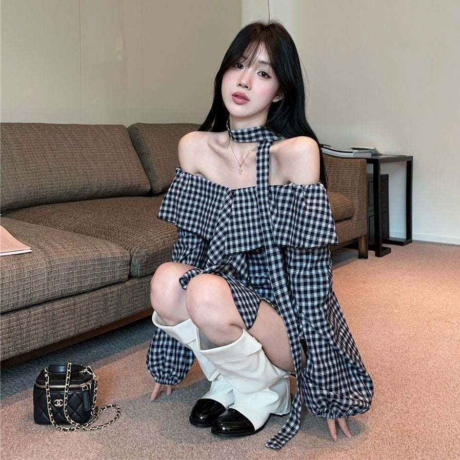 Off-shoulder plaid top