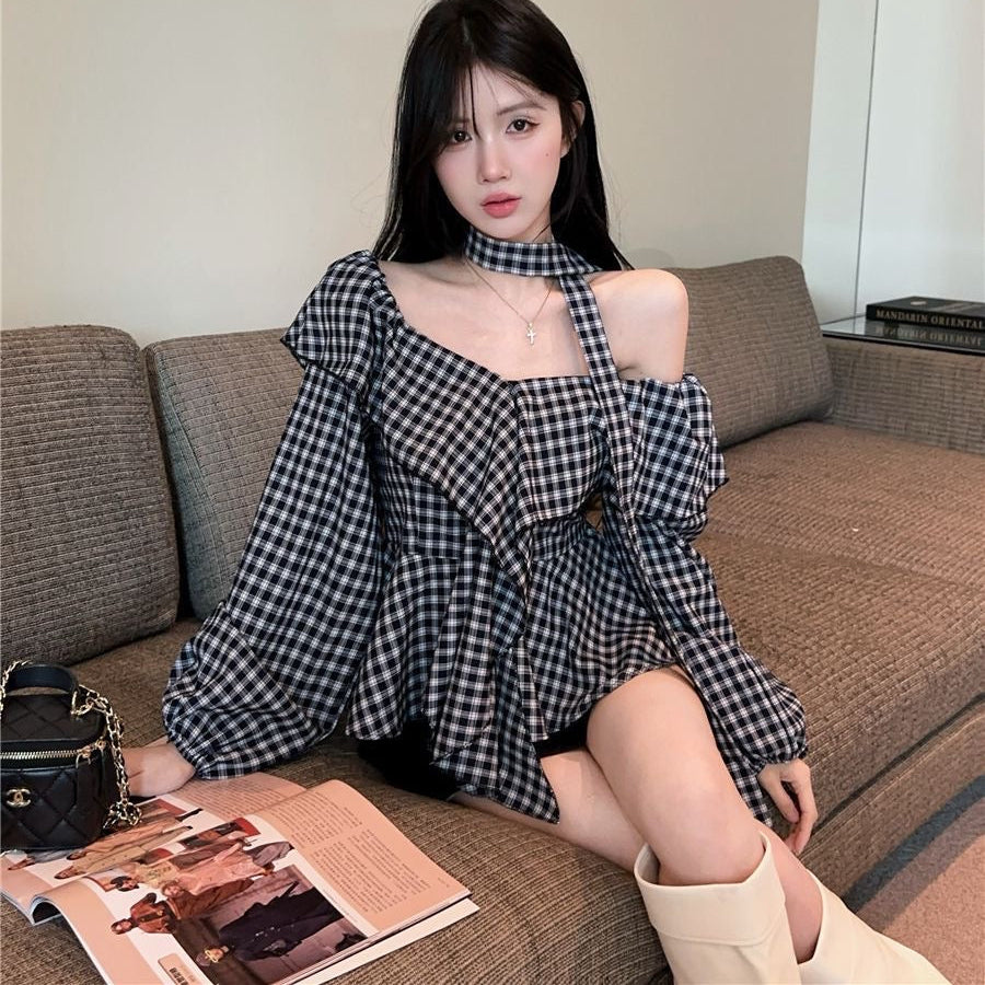 Off-shoulder plaid top