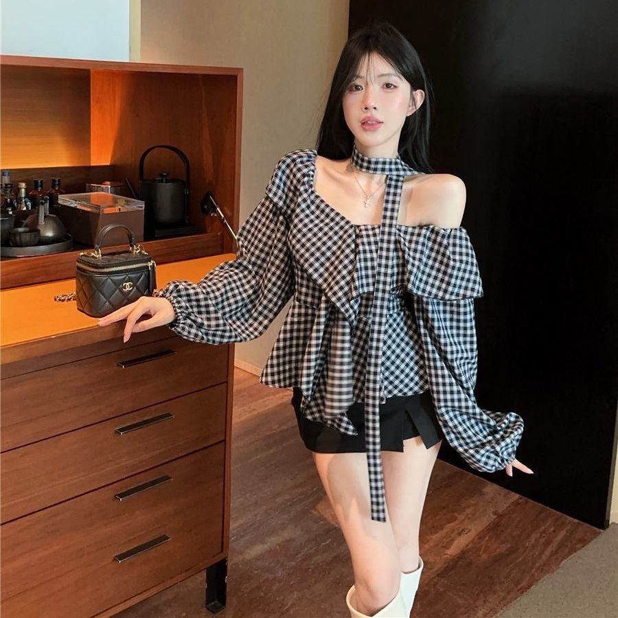 Off-shoulder plaid top
