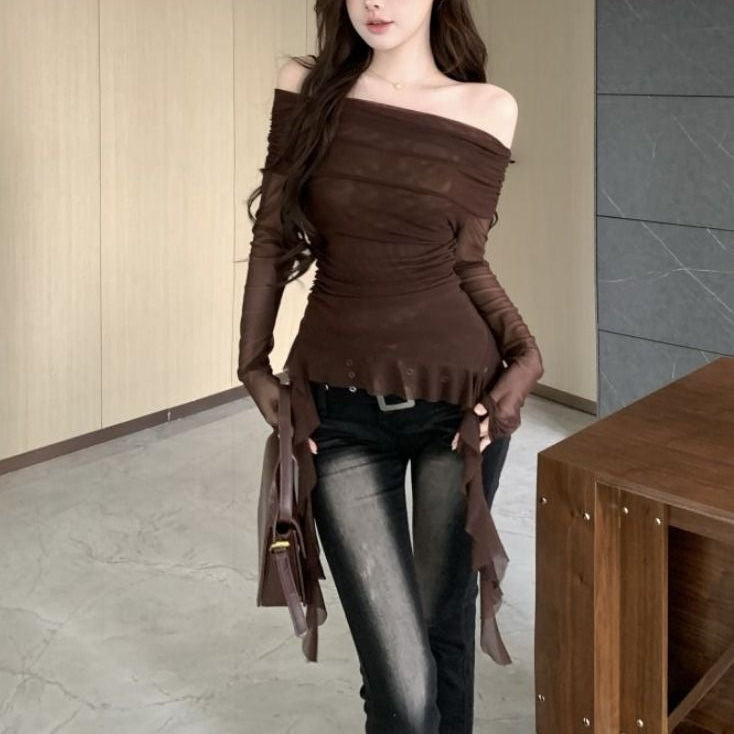 Off-the-shoulder mesh top