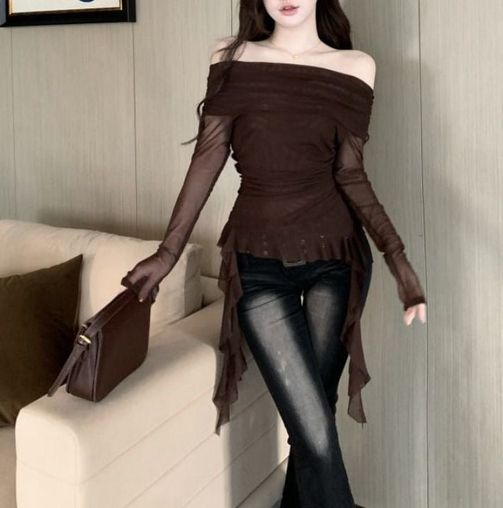 Off-the-shoulder mesh top