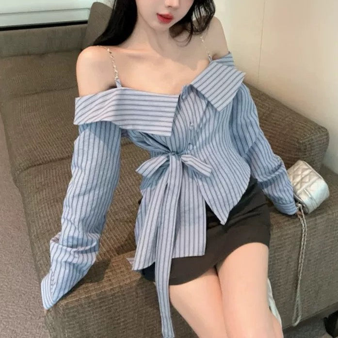 Off-the-shoulder striped shirt
