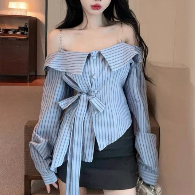 Off-the-shoulder striped shirt