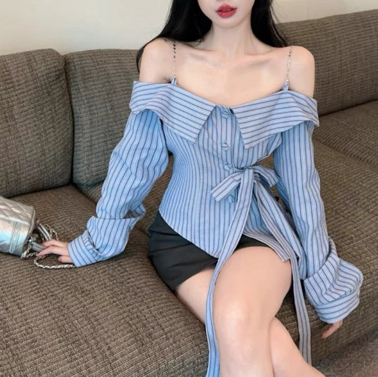 Off-the-shoulder striped shirt