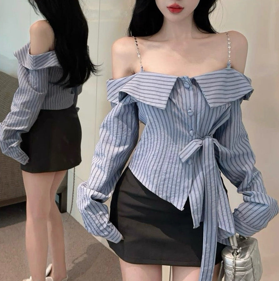 Off-the-shoulder striped shirt