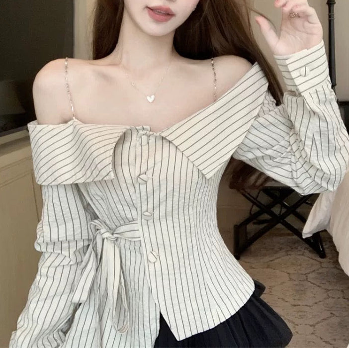 Off-the-shoulder striped shirt