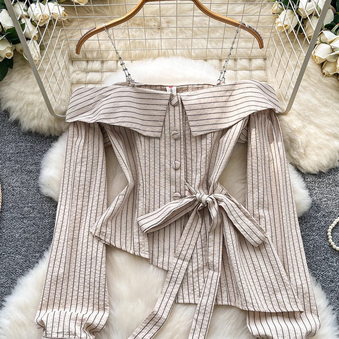 Off-the-shoulder striped shirt