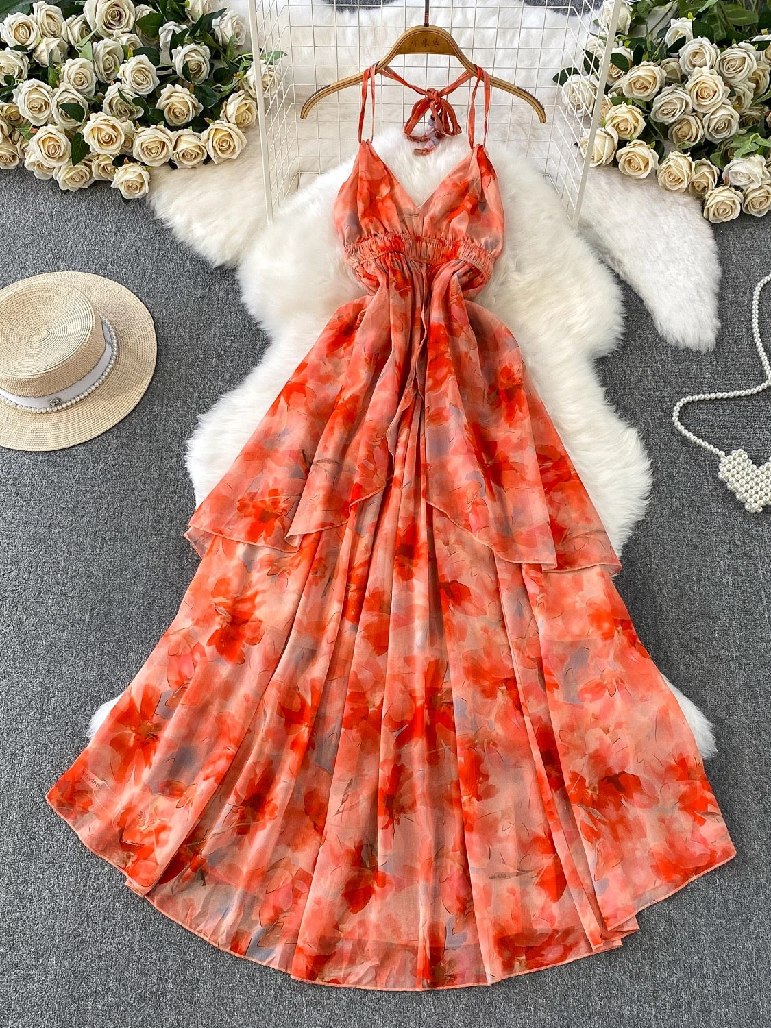 Vacation style halter V-neck dress