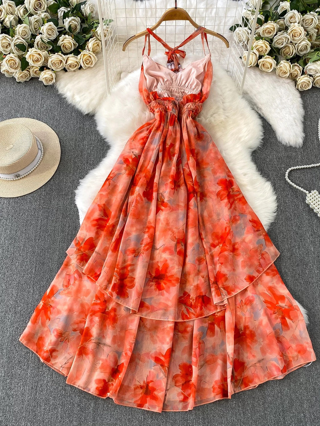Vacation style halter V-neck dress