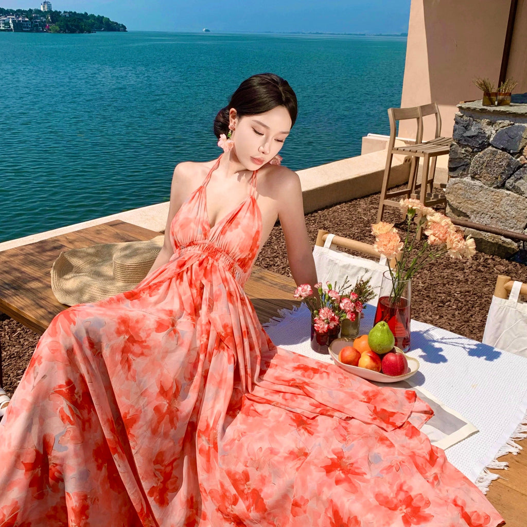 Vacation style halter V-neck dress
