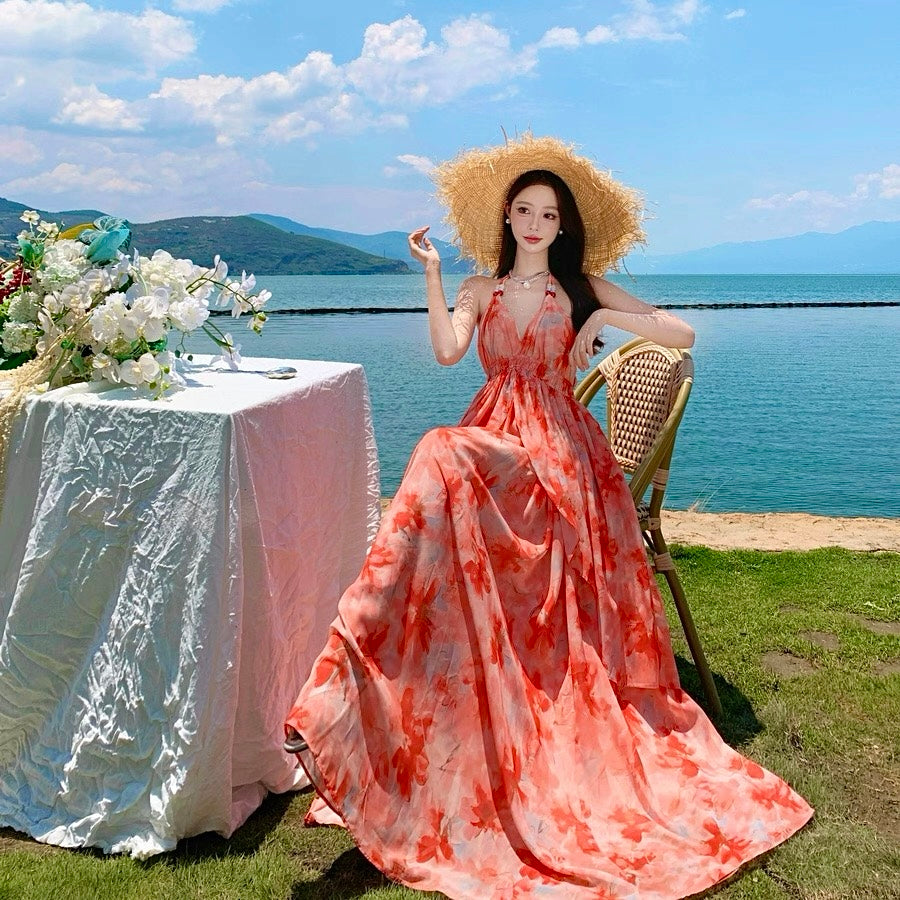 Vacation style halter V-neck dress