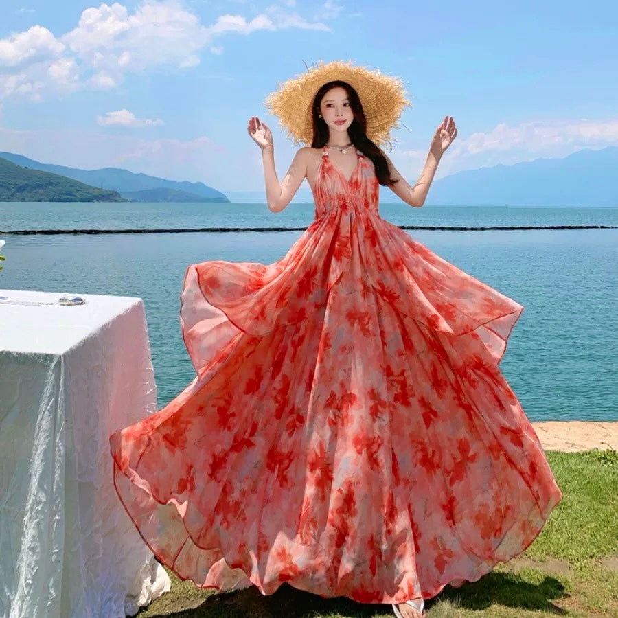 Vacation style halter V-neck dress