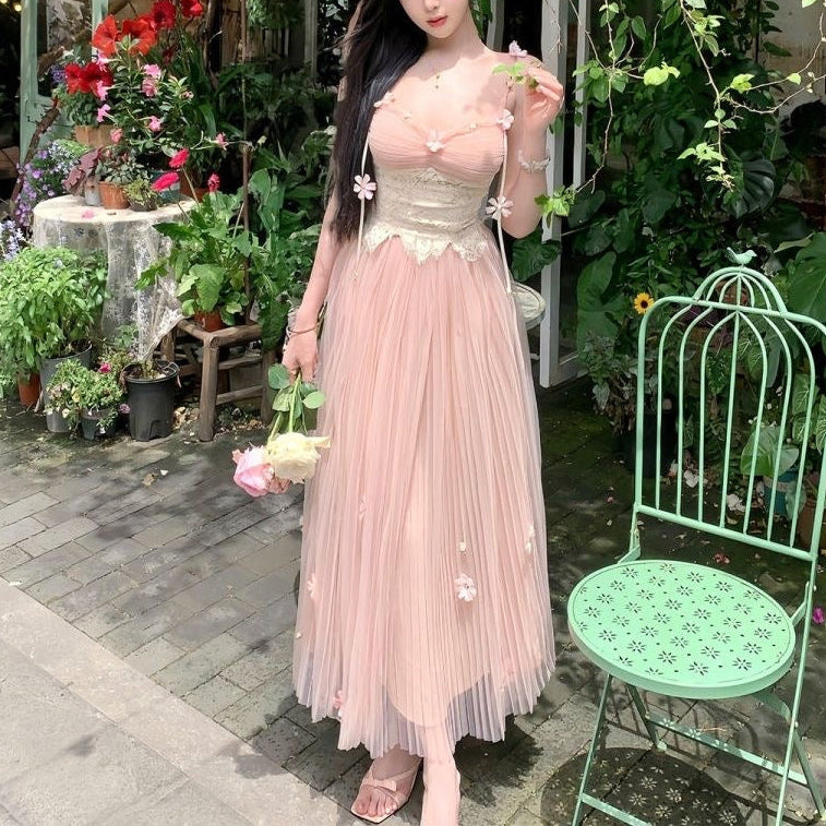 Title:Blush Pink Tulle Floral Maxi Dress