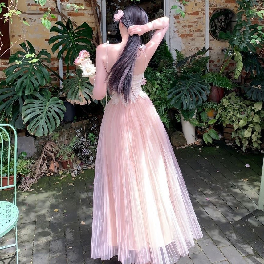 Title:Blush Pink Tulle Floral Maxi Dress