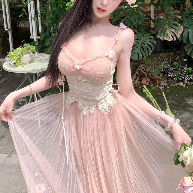 Title:Blush Pink Tulle Floral Maxi Dress