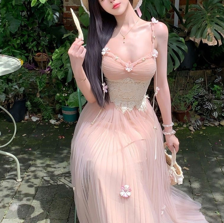 Title:Blush Pink Tulle Floral Maxi Dress