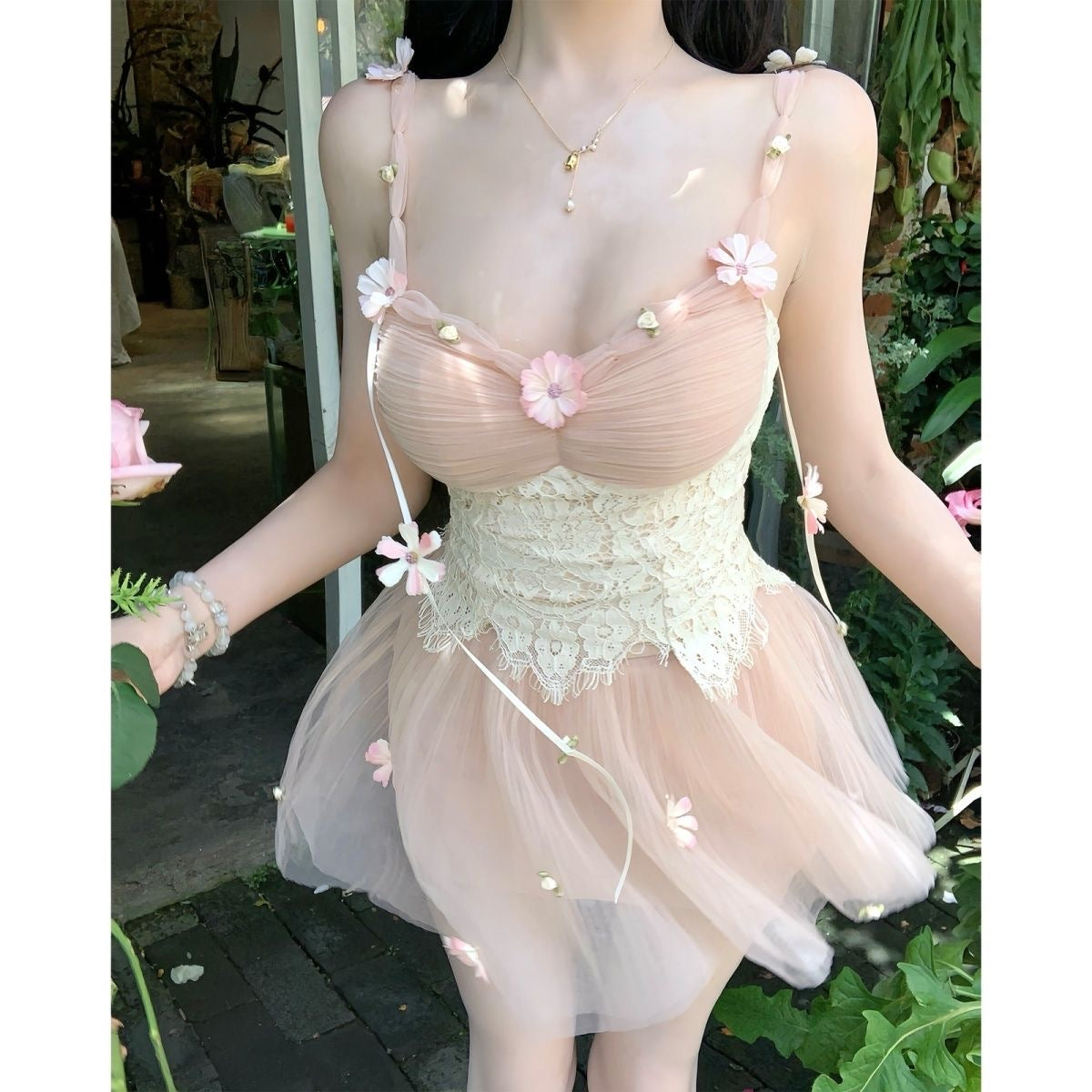 Title:Blush Pink Tulle Floral Maxi Dress