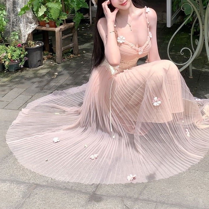 Blush Pink Tulle Floral Maxi Dress