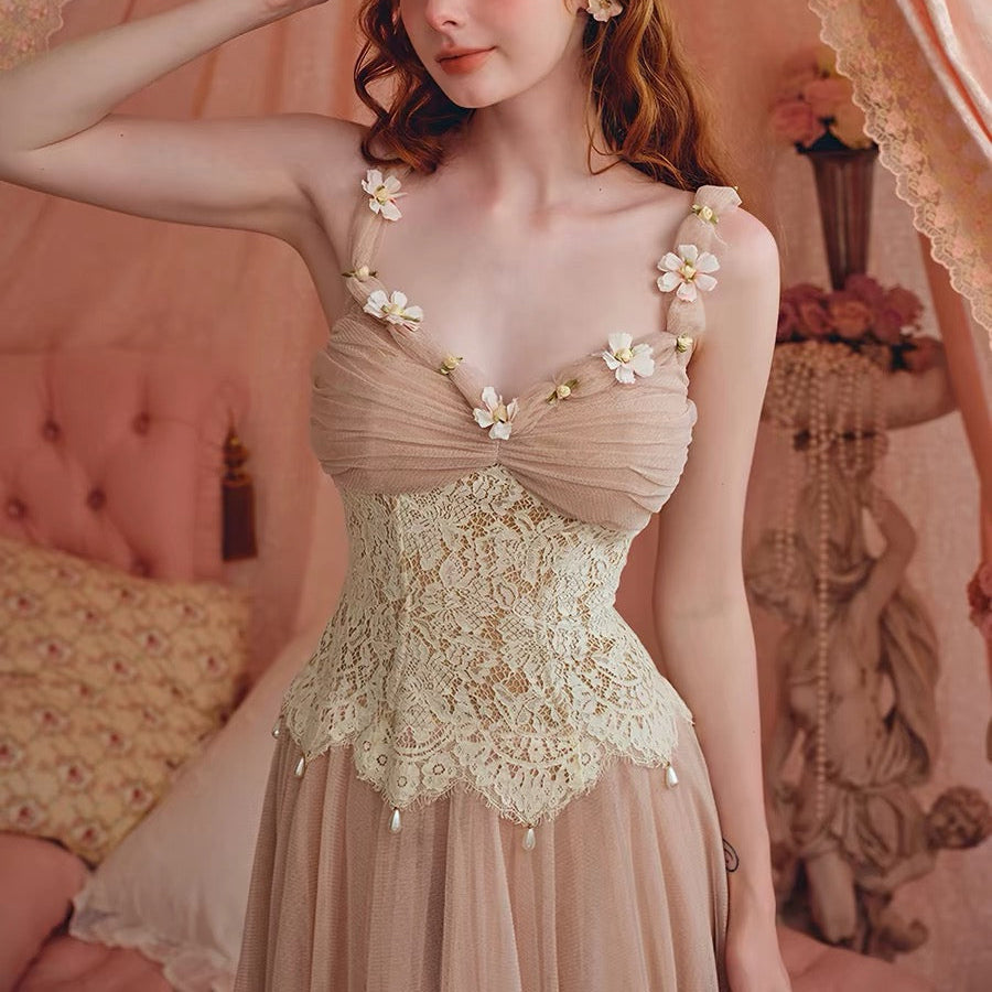 Blush Pink Tulle Floral Maxi Dress