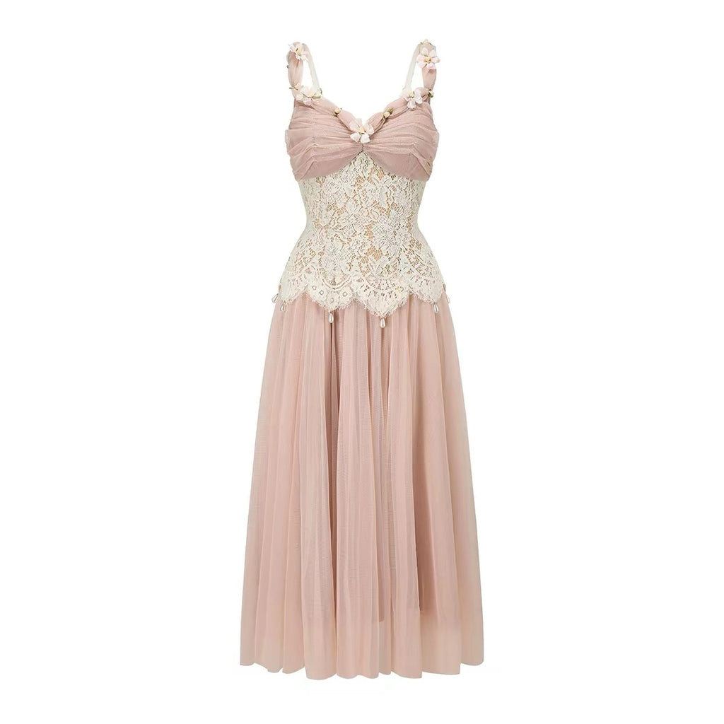 Blush Pink Tulle Floral Maxi Dress