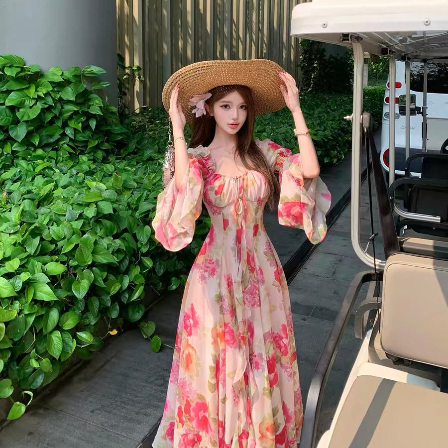 French-style rose print dress