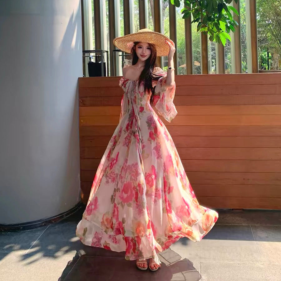 French-style rose print dress