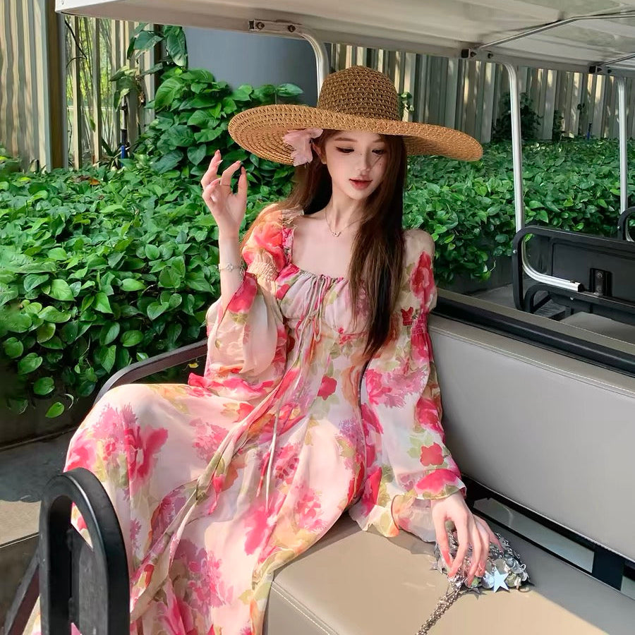 French-style rose print dress