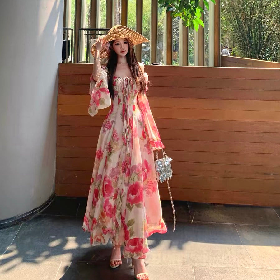 French-style rose print dress