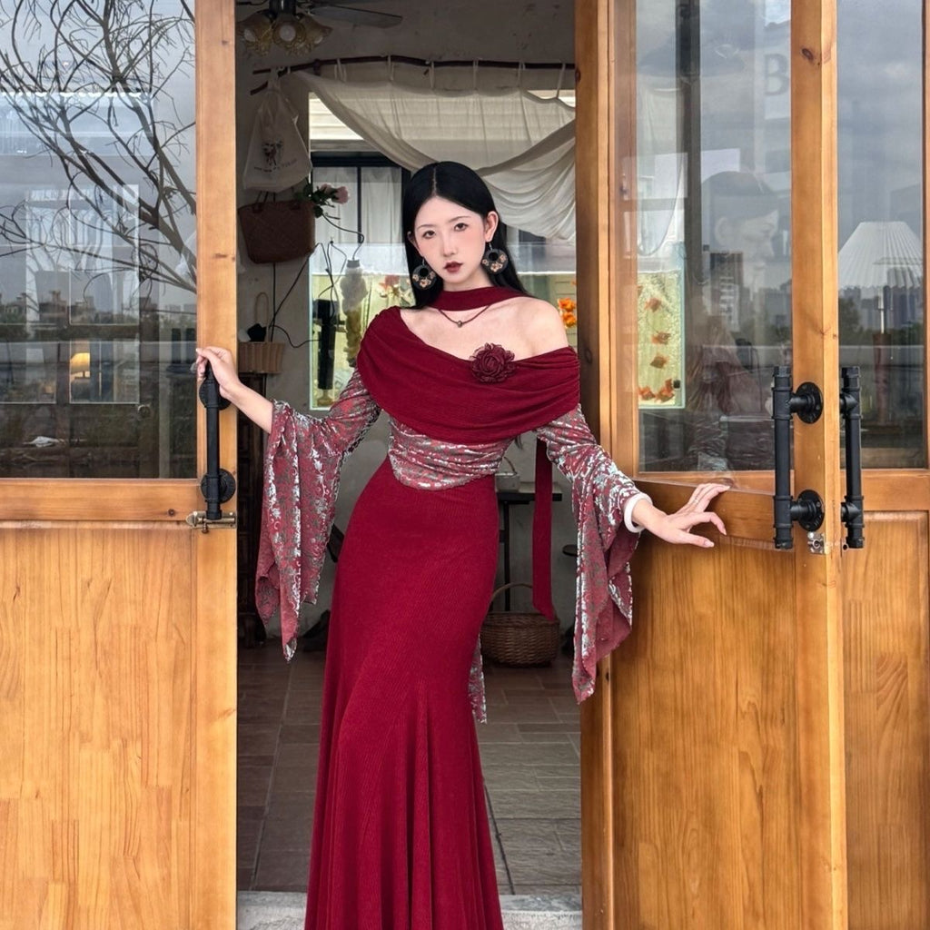 Red color-blocked knit dress