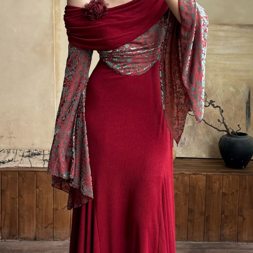Red color-blocked knit dress